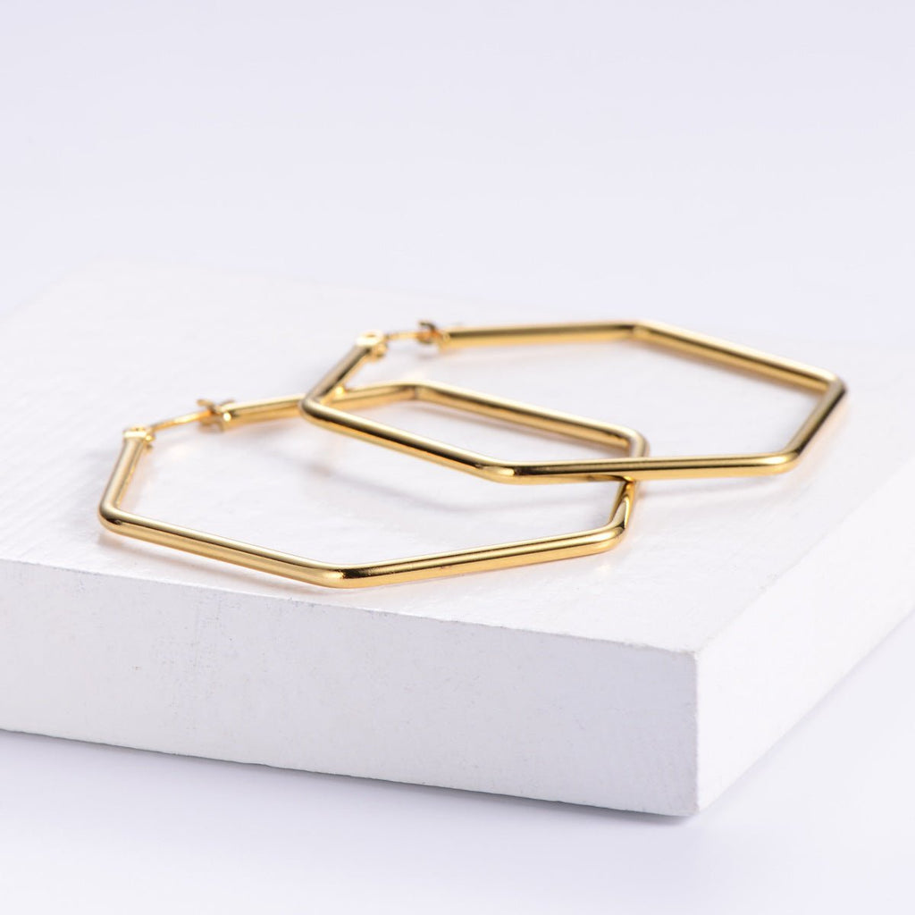 18K Gold Plated Hexagon Hoop Earrings For Women - Ornaments Co - 33*33mm