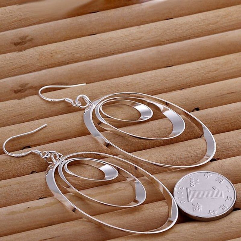925 Sterling Silver Three Circle Long Earrings - Ornaments Co - 