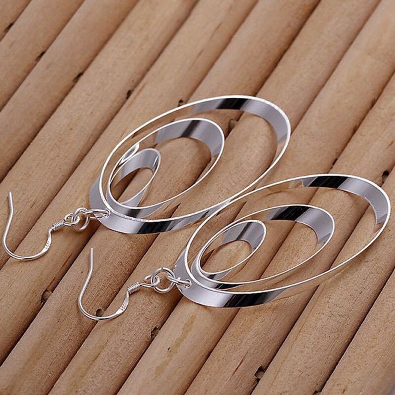 925 Sterling Silver Three Circle Long Earrings - Ornaments Co - 