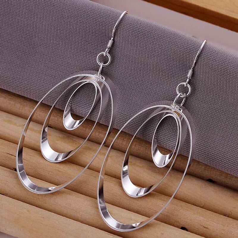 925 Sterling Silver Three Circle Long Earrings - Ornaments Co - 