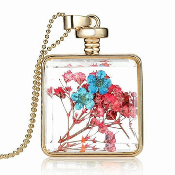 Dry Real Flower Square Pendant Necklace - Ornaments Co - Red/Blue Flower