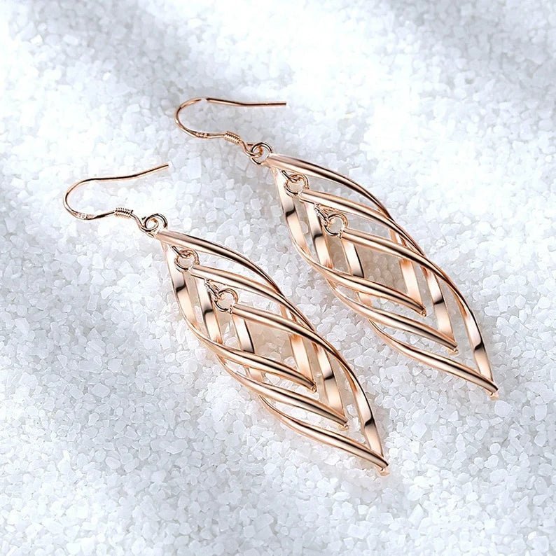 Ladies Long Drop Double Dangle Twist Design Earrings - Ornaments Co - Rose Gold