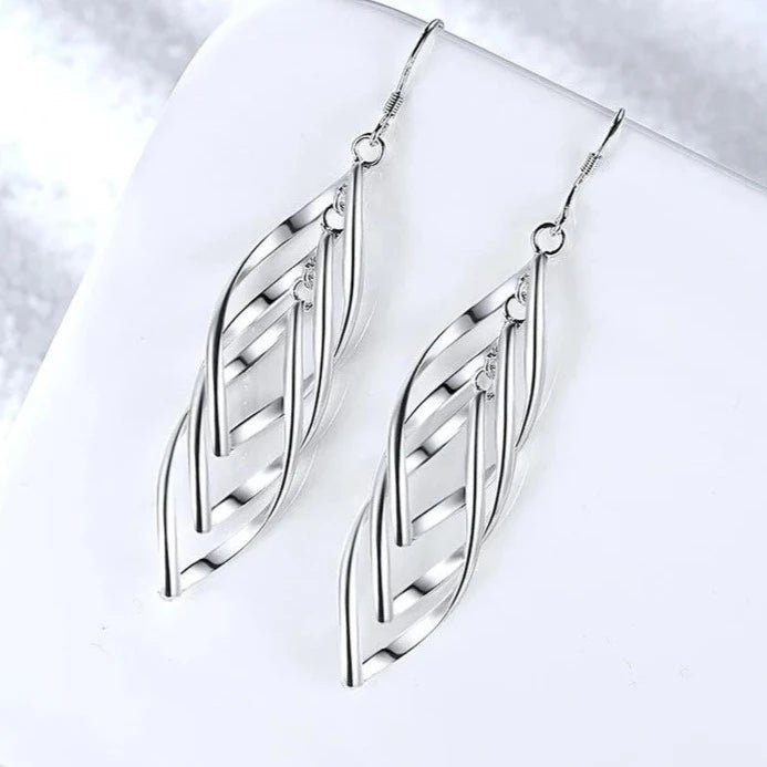 Ladies Long Drop Double Dangle Twist Design Earrings - Ornaments Co - Silver