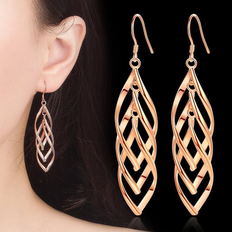 Ladies Long Drop Double Dangle Twist Design Earrings - Ornaments Co - Rose Gold