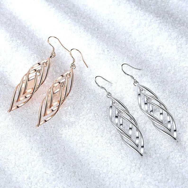 Ladies Long Drop Double Dangle Twist Design Earrings - Ornaments Co - Rose Gold