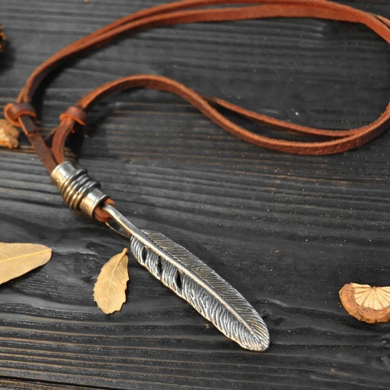 Leather Men Feather Design Pendant Necklace With Adjustable Rope - Ornaments Co - Brown
