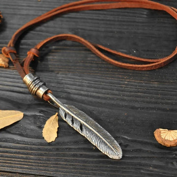 Leather Men Feather Design Pendant Necklace With Adjustable Rope - Ornaments Co - Brown