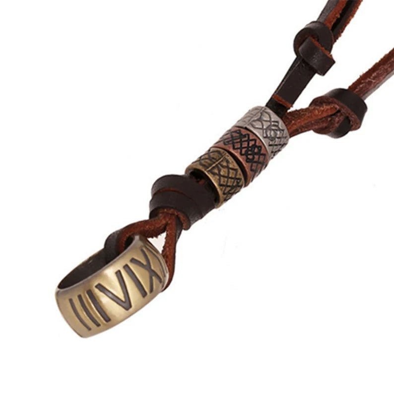 Leather Men Gothic Style Pendant Necklace With Adjustable Rope - Ornaments Co - Roman Number Pendant