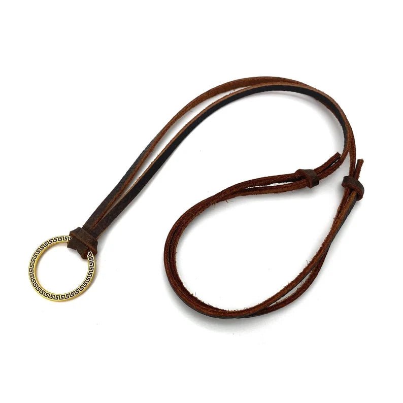 Leather Men Ring Pendant Necklace With Adjustable Rope - Ornaments Co - Gold
