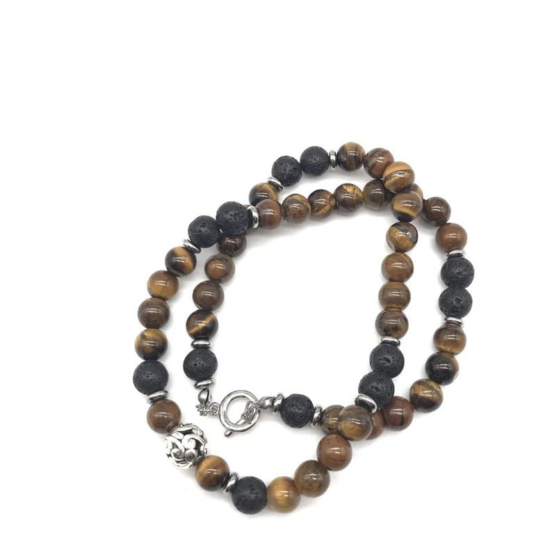 Men's Lava Stone & Tiger Eye Bead Necklace - Ornaments Co - 18 inches