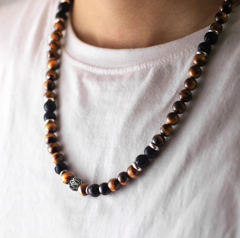 Men's Lava Stone & Tiger Eye Bead Necklace - Ornaments Co - 18 inches