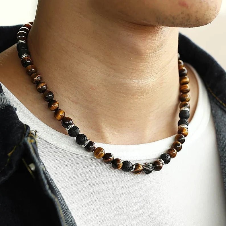 Men's Lava Stone & Tiger Eye Bead Necklace - Ornaments Co - 18 inches