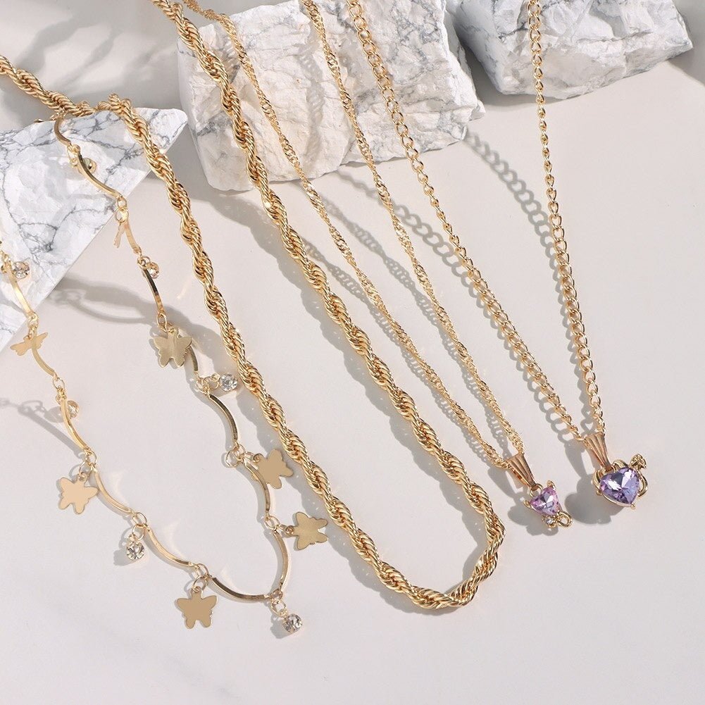 Multi - layer Butterfly Heart Crystal Pendant Twisted Gold Chain Necklace - Ornaments Co - 