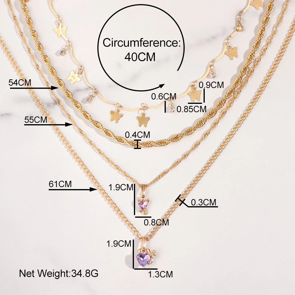 Multi - layer Butterfly Heart Crystal Pendant Twisted Gold Chain Necklace - Ornaments Co - 