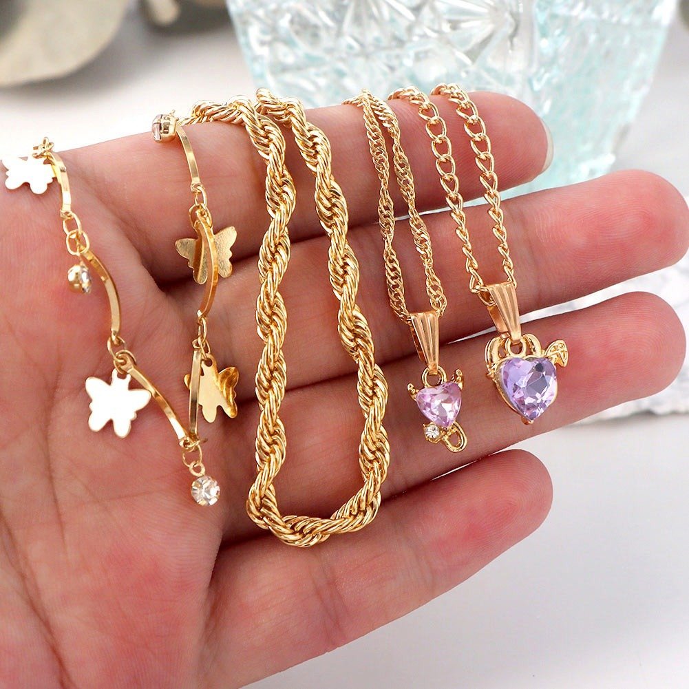 Multi - layer Butterfly Heart Crystal Pendant Twisted Gold Chain Necklace - Ornaments Co - 