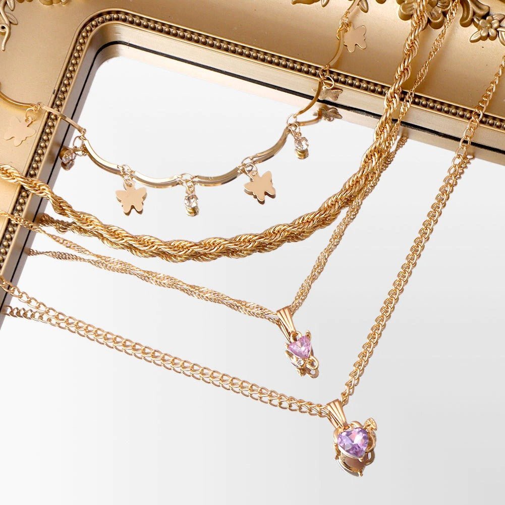 Multi - layer Butterfly Heart Crystal Pendant Twisted Gold Chain Necklace - Ornaments Co - 
