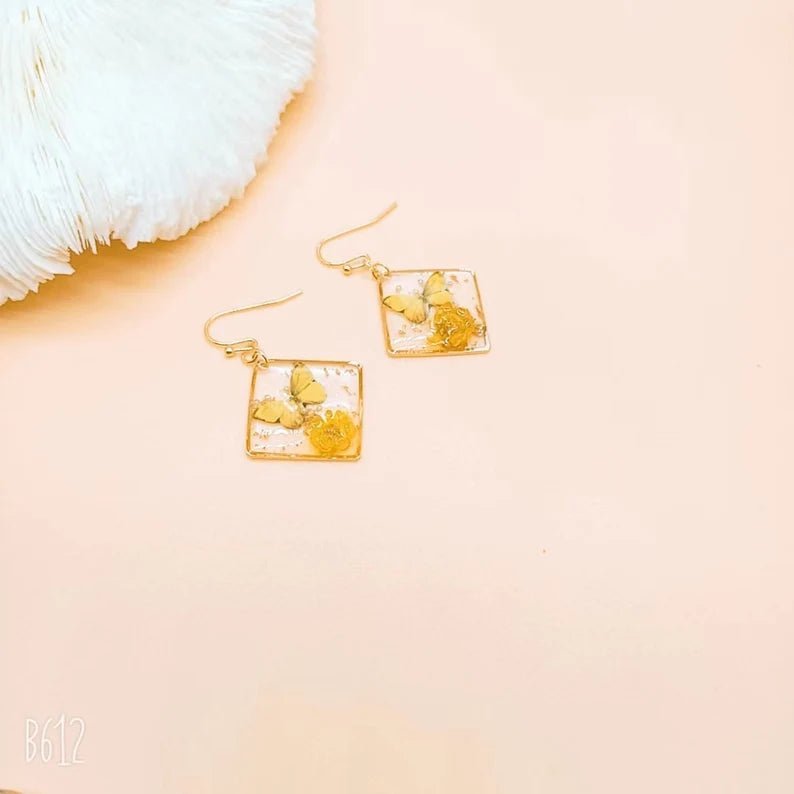 Pressed Flower Butterfly Earrings - Ornaments Co - Yellow Gold