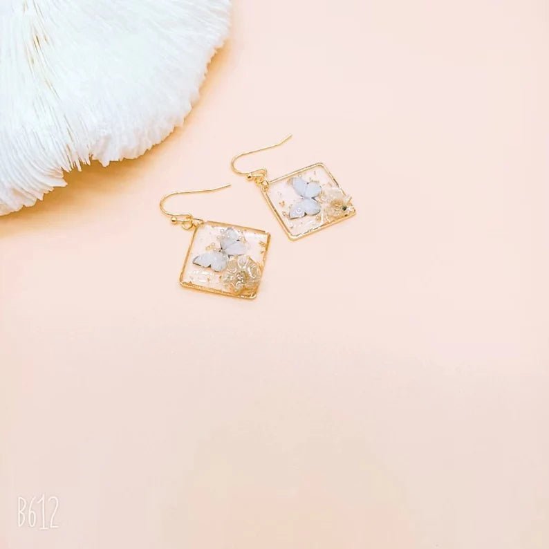 Pressed Flower Butterfly Earrings - Ornaments Co - White Gold