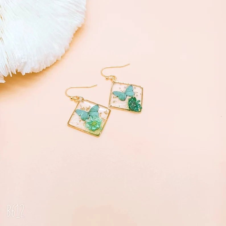 Pressed Flower Butterfly Earrings - Ornaments Co - White Gold
