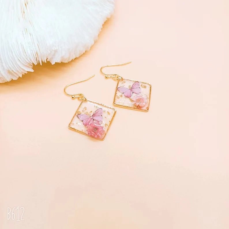Pressed Flower Butterfly Earrings - Ornaments Co - Pink Gold