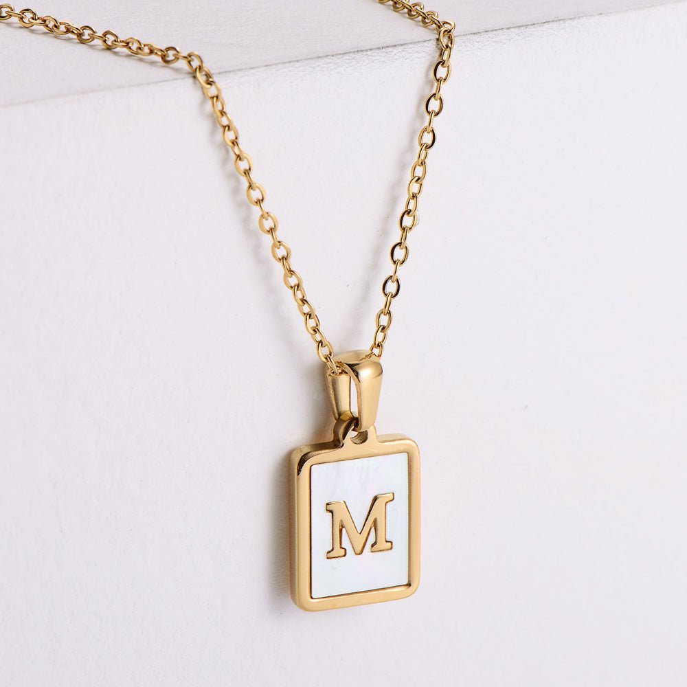 Shell Rectangular Shape 18K Gold Plated Letter Pendant Necklace - Ornaments Co - A