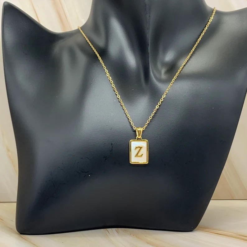 Shell Rectangular Shape 18K Gold Plated Letter Pendant Necklace - Ornaments Co - A