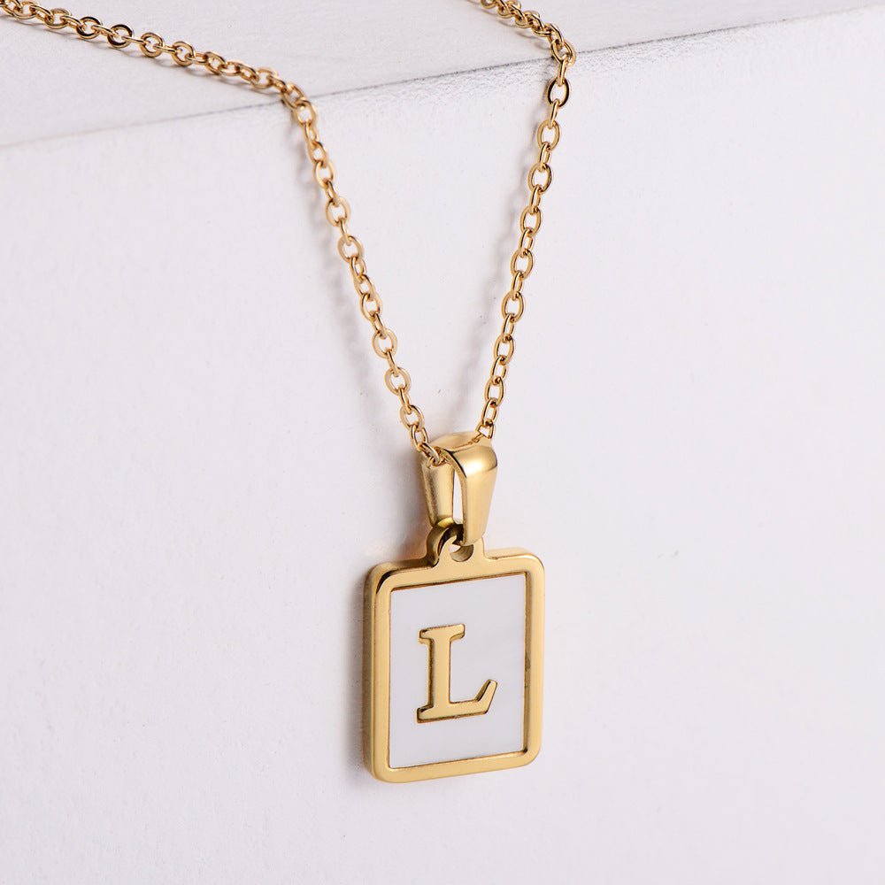Shell Rectangular Shape 18K Gold Plated Letter Pendant Necklace - Ornaments Co - A