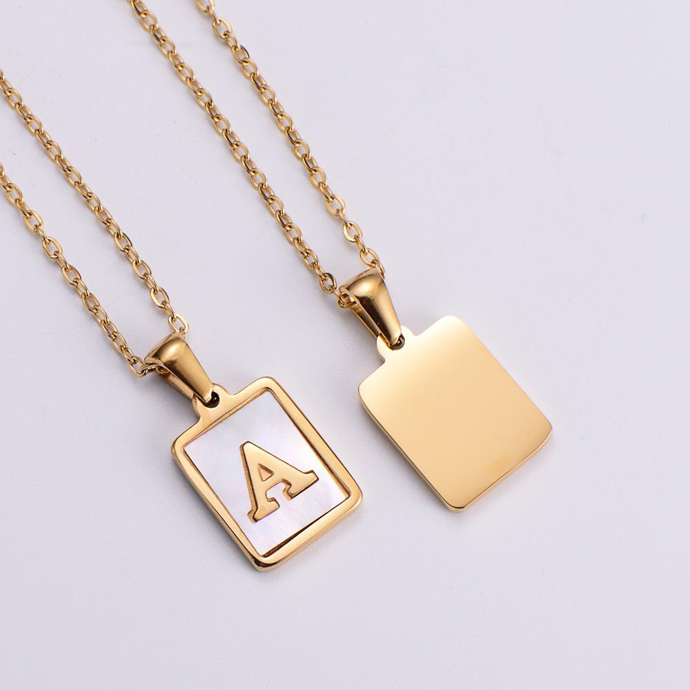 Shell Rectangular Shape 18K Gold Plated Letter Pendant Necklace - Ornaments Co - A