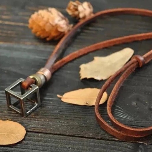 Square Pendant Leather Men Necklace With Adjustable Rope - Ornaments Co - Brown